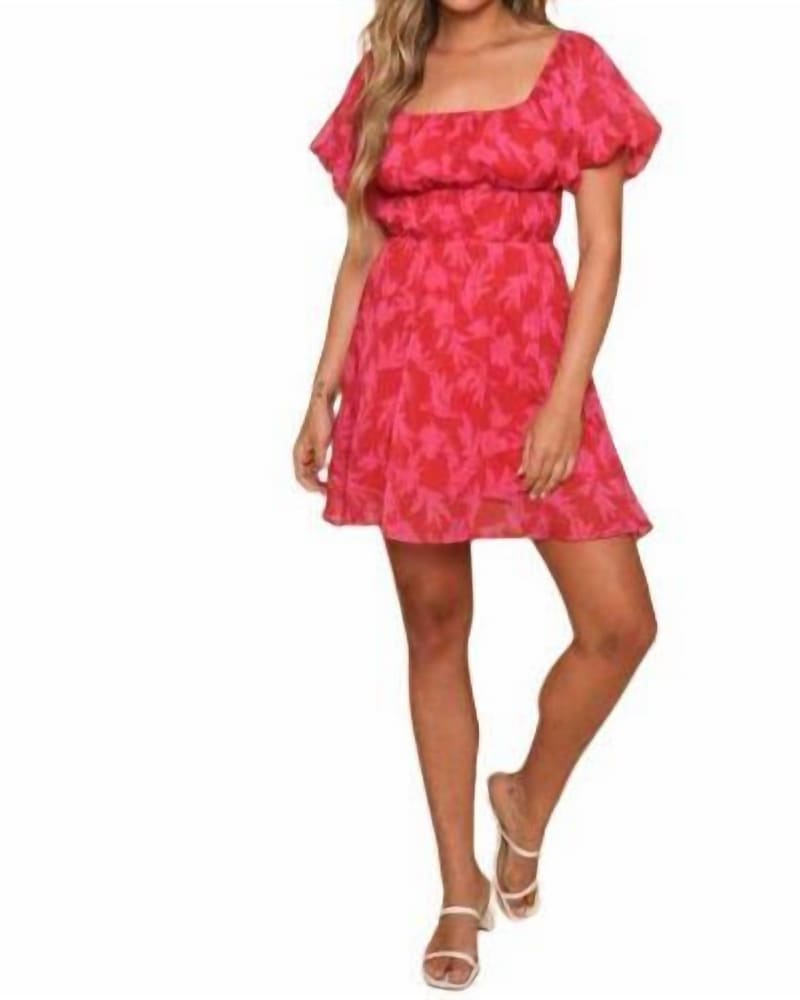 Front of a model wearing a size L Floral Dress in Red And Fuchsia in Red And Fuchsia by Peach Love. | dia_product_style_image_id:335390